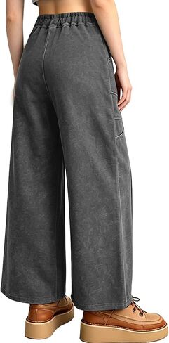 Women's Acid Wash Sweatpants Wide Leg Palazzo High Waist Drawstring Elastic Waist Casual Pants with Pockets in Kuwait