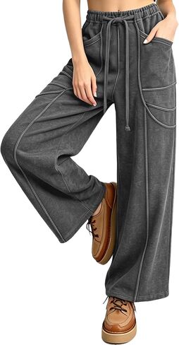 Women's Acid Wash Sweatpants Wide Leg Palazzo High Waist Drawstring Elastic Waist Casual Pants with Pockets in Kuwait