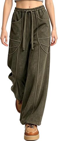Women's Acid Wash Sweatpants Wide Leg Palazzo High Waist Drawstring Elastic Waist Casual Pants with Pockets in Kuwait