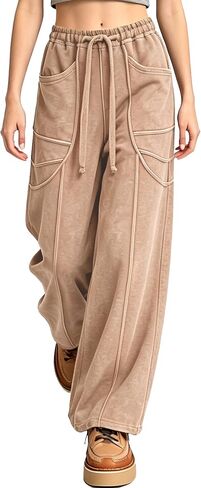 Women's Acid Wash Sweatpants Wide Leg Palazzo High Waist Drawstring Elastic Waist Casual Pants with Pockets in Kuwait