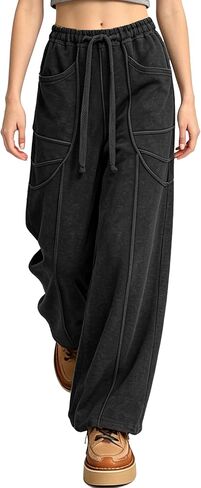 Women's Acid Wash Sweatpants Wide Leg Palazzo High Waist Drawstring Elastic Waist Casual Pants with Pockets in Kuwait