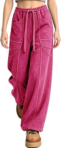 Women's Acid Wash Sweatpants Wide Leg Palazzo High Waist Drawstring Elastic Waist Casual Pants with Pockets in Kuwait