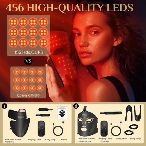 Red Light Therapy Mask Set, Five-Level Brightness Adjustment for Face and Neck, 630nm Infrared Light + 850nm Near-Infrared LED Therapy Phototherapy, Portable Mask with Power Storage, Black in Kuwait