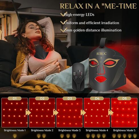 Red Light Therapy Mask Set, Five-Level Brightness Adjustment for Face and Neck, 630nm Infrared Light + 850nm Near-Infrared LED Therapy Phototherapy, Portable Mask with Power Storage, Black in Kuwait