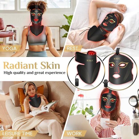 Red Light Therapy Mask Set, Five-Level Brightness Adjustment for Face and Neck, 630nm Infrared Light + 850nm Near-Infrared LED Therapy Phototherapy, Portable Mask with Power Storage, Black in Kuwait