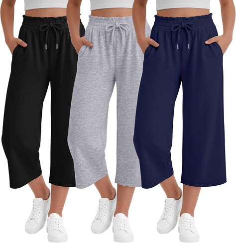 3 Pack Girls' Capris Teen Wide Leg Capri Pants Drawstring Lettuce Elastic Waist Loose Fit Sweatpants with Pockets in Kuwait