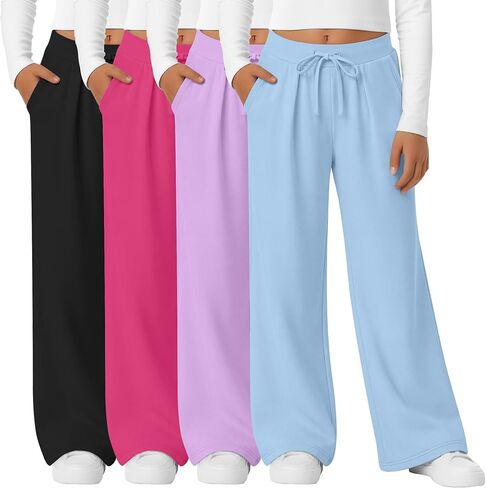 4 Pack Girl's Wide Leg Pants Casual Baggy Trousers Elastic Waist Drawstring Sweatpants with Side Pockets 5-14 Years in Kuwait