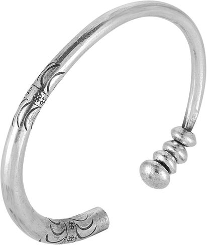 81stgeneration Hill Tribe Silver Chunky Torque Bangle With Rotating Beads and Tribal Pattern Engraving - 999 Solid Silver Heavy Tapered Round Tube Open Bangle for Women - Handmade Fidget Boho Bracelet in Kuwait