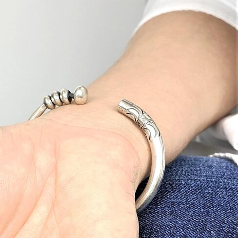 81stgeneration Hill Tribe Silver Chunky Torque Bangle With Rotating Beads and Tribal Pattern Engraving - 999 Solid Silver Heavy Tapered Round Tube Open Bangle for Women - Handmade Fidget Boho Bracelet in Kuwait