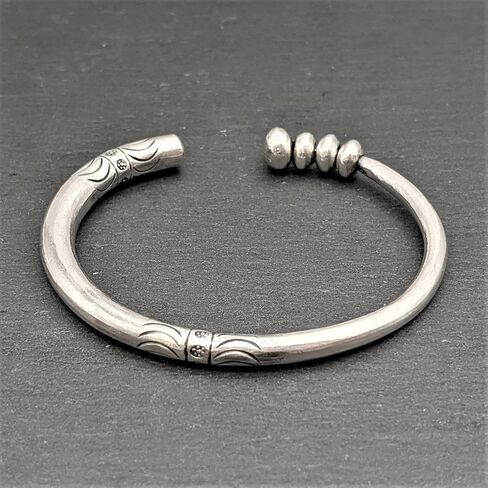 81stgeneration Hill Tribe Silver Chunky Torque Bangle With Rotating Beads and Tribal Pattern Engraving - 999 Solid Silver Heavy Tapered Round Tube Open Bangle for Women - Handmade Fidget Boho Bracelet in Kuwait