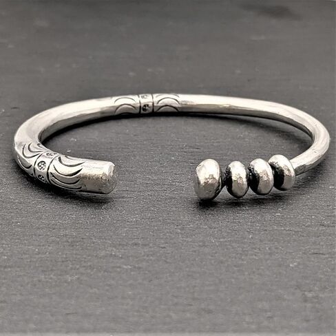 81stgeneration Hill Tribe Silver Chunky Torque Bangle With Rotating Beads and Tribal Pattern Engraving - 999 Solid Silver Heavy Tapered Round Tube Open Bangle for Women - Handmade Fidget Boho Bracelet in Kuwait