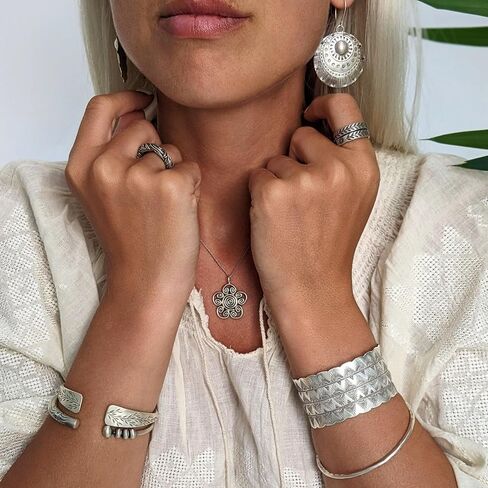81stgeneration Hill Tribe Silver Chunky Torque Bangle With Rotating Beads and Tribal Pattern Engraving - 999 Solid Silver Heavy Tapered Round Tube Open Bangle for Women - Handmade Fidget Boho Bracelet in Kuwait
