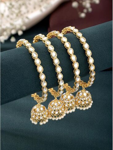 سوار Aheli مطلي بالذهب 2.8 بوصة كوندان والخرز مرصع مع تعليقة Jhumka Jhumki هدية مجوهرات عرقية للنساء in Kuwait