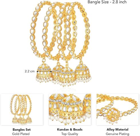 سوار Aheli مطلي بالذهب 2.8 بوصة كوندان والخرز مرصع مع تعليقة Jhumka Jhumki هدية مجوهرات عرقية للنساء in Kuwait
