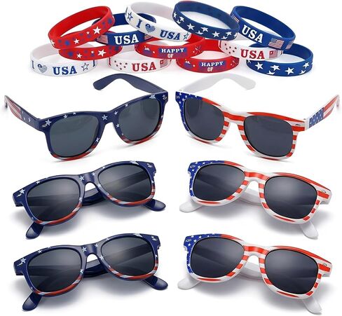 4th of July Party Favors Set – 18 PCS Patriotic Sunglasses & Silicone Wristbands, USA Independence Day Accessories, Summer Party Supplies, Red White Blue Decorations in Saudi Arabia