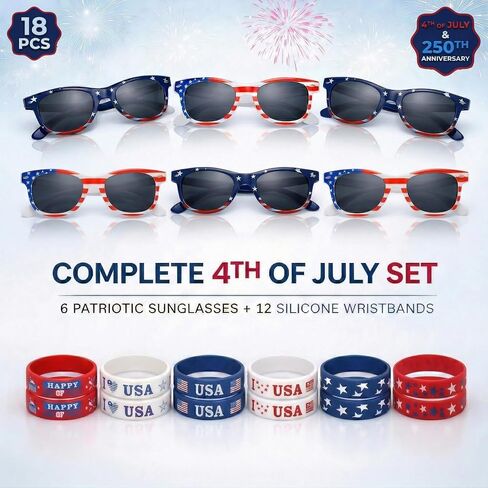 4th of July Party Favors Set – 18 PCS Patriotic Sunglasses & Silicone Wristbands, USA Independence Day Accessories, Summer Party Supplies, Red White Blue Decorations in Saudi Arabia