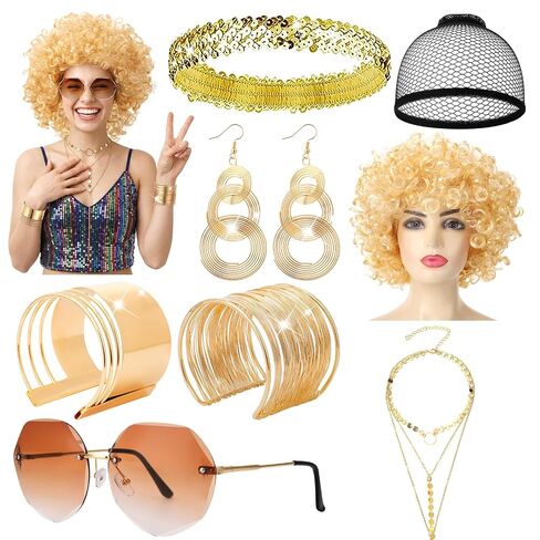 JATEBI 70s Disco Accessory Set for Women - 8 Pcs Retro Gold Jewelry Set with Blonde Afro Kinky Curly Wig with Sunglasses, Bracelets &Necklace for Halloween Party Costume in Kuwait