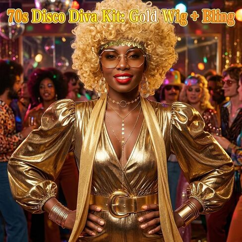 JATEBI 70s Disco Accessory Set for Women - 8 Pcs Retro Gold Jewelry Set with Blonde Afro Kinky Curly Wig with Sunglasses, Bracelets &Necklace for Halloween Party Costume in Kuwait
