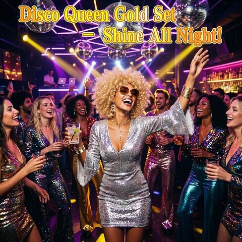 JATEBI 70s Disco Accessory Set for Women - 8 Pcs Retro Gold Jewelry Set with Blonde Afro Kinky Curly Wig with Sunglasses, Bracelets &Necklace for Halloween Party Costume in Kuwait