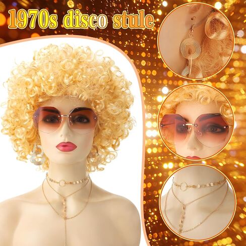 JATEBI 70s Disco Accessory Set for Women - 8 Pcs Retro Gold Jewelry Set with Blonde Afro Kinky Curly Wig with Sunglasses, Bracelets &Necklace for Halloween Party Costume in Kuwait