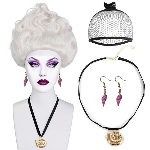 BESTBEL+Hair Cap 3 Pcs Short Grey Wig with Necklace and Earings Witch Wig for Women Short Silver White Layered Wigs for Halloween Costume Synthetic Anime Wigs for Adult Halloween Party in Saudi Arabia