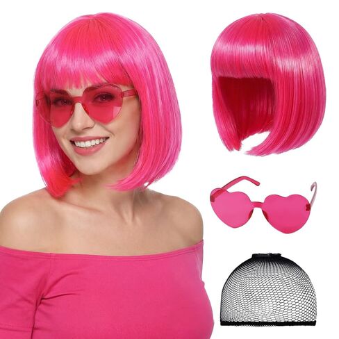 Bob Wig with Heart Sunglasses Hair Cap Short Bob Wigs for Women Costume Cosplay Wigs Neon Colorful Wig for Women Halloween Costume Party Decorations(Hot Pink) in Saudi Arabia