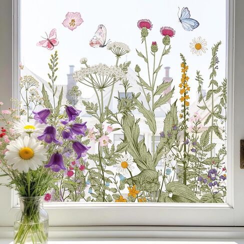 Window Privacy Film, Wildflower Decorative Static Cling, Vintage Floral Butterfly Window Stickers, Removable Anti-Collision Double-Side Decals for Home Kitchen Living Room Office, 17.5 x 78.7in in Saudi Arabia