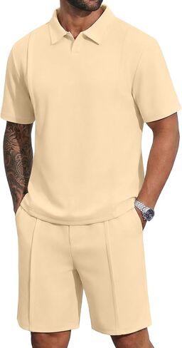 YTD Men's 2 Piece Outfits Casual Short Sleeve Polo Shirts and Shorts Sets Loose Fit Summer Athletic Track Suits in Saudi Arabia
