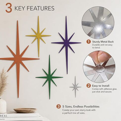 Merriva 5 Pack Colorful Metal Starburst Wall Decor, Mid Century Modern Retro Atomic Star Wall Art Sculptures, Whimsical Eclectic Home Decor for Living Room Bedroom and Playroom in Saudi Arabia