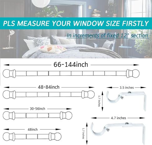 Curtain Rods for Windows 48 to 84 - Heavy Duty White Curtain Rod - 1" Diameter Decorative Adjustable Window Treatment Rods for Outdoor Patio, Sliding Glass Door, Bedroom, Bathroom... in Saudi Arabia