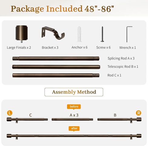 Curtain Rods for Windows 48 to 84, Black Curtain Rod, 1 Inch Heavy Duty Decorative Drapery Rods with Adjustable Length for Living Room, Bedroom, Outdoor/Indoor in Saudi Arabia