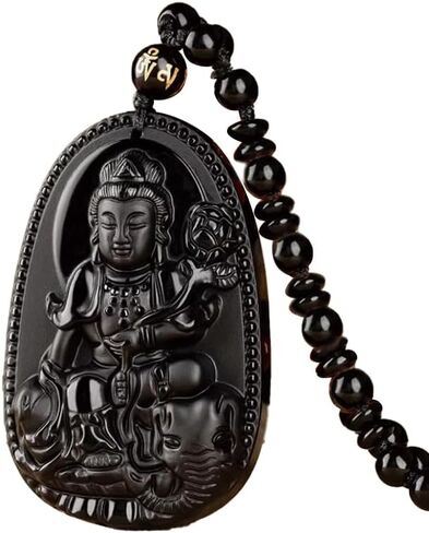 URED Black Obsidian Amulet Guanyin Pendant Charm Healing Crystal Stone Feng Shui Amulet Good Luck Pendant for Men Women in Kuwait