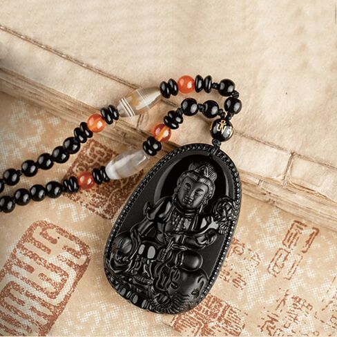 URED Black Obsidian Amulet Guanyin Pendant Charm Healing Crystal Stone Feng Shui Amulet Good Luck Pendant for Men Women in Kuwait