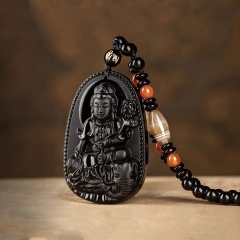 URED Black Obsidian Amulet Guanyin Pendant Charm Healing Crystal Stone Feng Shui Amulet Good Luck Pendant for Men Women in Kuwait