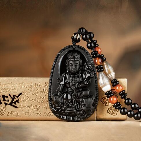 URED Black Obsidian Amulet Guanyin Pendant Charm Healing Crystal Stone Feng Shui Amulet Good Luck Pendant for Men Women in Kuwait