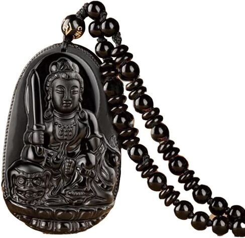 URED Black Obsidian Amulet Guanyin Pendant Charm Healing Crystal Stone Feng Shui Amulet Good Luck Pendant for Men Women in Kuwait