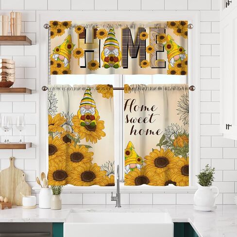 Sunflower Kitchen Curtains Short and Valance Set Yellow Vintage Gnome Dining Room Fabric Curtain Drapes Retro Rustic Cafe Curtains Valance for Home Decor in Saudi Arabia