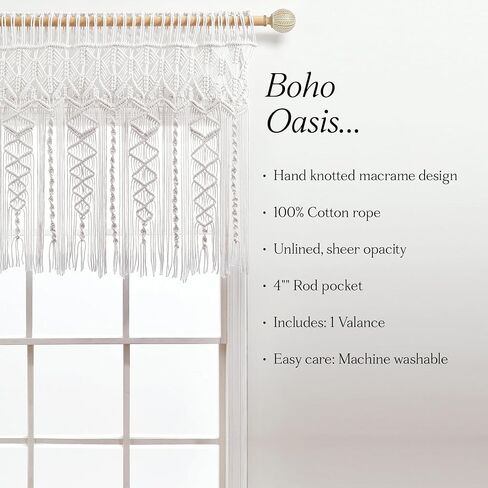 ستارة قطنية منسوجة من Lush Decor Boho Macrame، مقاس 101.6 سم عرض × 76.2 سم طول، أبيض - ستائر المطبخ وديكور الحائط من Boho - ستارة Macrame - ستائر نافذة الحمام in Kuwait