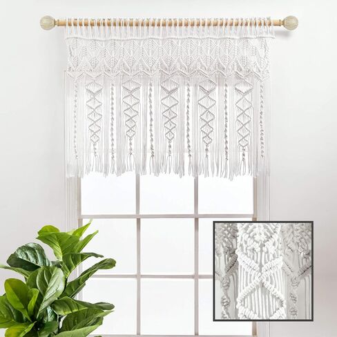 ستارة قطنية منسوجة من Lush Decor Boho Macrame، مقاس 101.6 سم عرض × 76.2 سم طول، أبيض - ستائر المطبخ وديكور الحائط من Boho - ستارة Macrame - ستائر نافذة الحمام in Kuwait