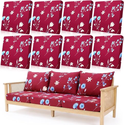 8 Pack Floral Patio Cushion Covers Stretch Outdoor Couch Covers Replacement Outdoor Couch Sofa Slipcovers for Patio Furniture Protector Elastic Washable & Reusable(Wine Red) in Saudi Arabia