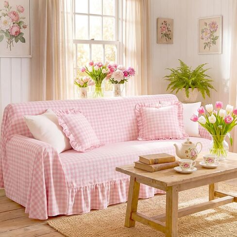 Pink Gingham Couch Cover with Ruffle Farmhouse Sofa Slipcover One Piece Cotton Sofa Cover for 3 Seat Washable French Country Living Room Decor (118" w X 71" h) in Saudi Arabia