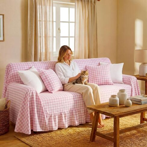 Pink Gingham Couch Cover with Ruffle Farmhouse Sofa Slipcover One Piece Cotton Sofa Cover for 3 Seat Washable French Country Living Room Decor (118" w X 71" h) in Saudi Arabia
