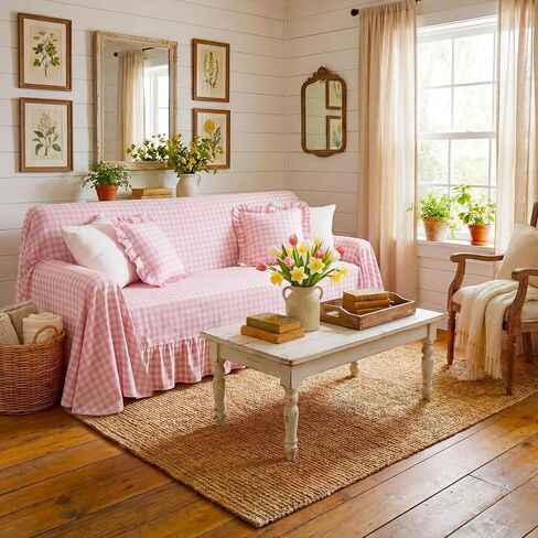 Pink Gingham Couch Cover with Ruffle Farmhouse Sofa Slipcover One Piece Cotton Sofa Cover for 3 Seat Washable French Country Living Room Decor (118" w X 71" h) in Saudi Arabia
