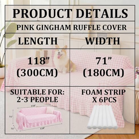 Pink Gingham Couch Cover with Ruffle Farmhouse Sofa Slipcover One Piece Cotton Sofa Cover for 3 Seat Washable French Country Living Room Decor (118" w X 71" h) in Saudi Arabia