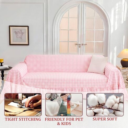 Pink Gingham Couch Cover with Ruffle Farmhouse Sofa Slipcover One Piece Cotton Sofa Cover for 3 Seat Washable French Country Living Room Decor (118" w X 71" h) in Saudi Arabia
