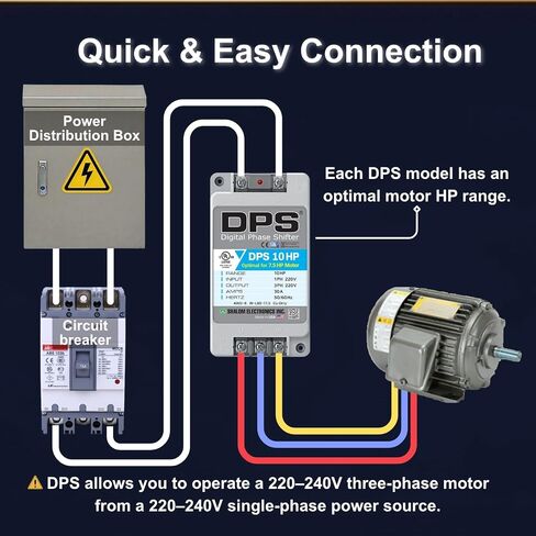 American DPS Single Phase to 3 Phase Converter, 10HP, 30A, Input/Output 200V - 240V, Digital Phase Shifter, Must Be Used for 7.5HP(5.5kW) 23A Motor, DPS Must Be Used for 1 Motor Only, UL-Listed in Saudi Arabia
