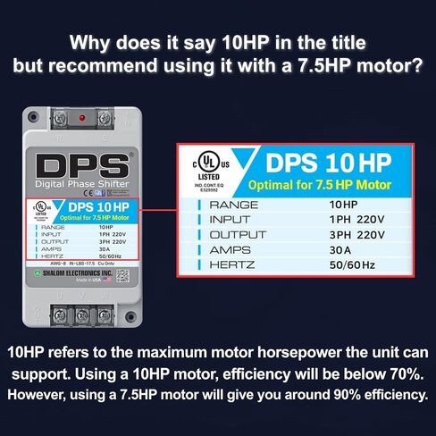 American DPS Single Phase to 3 Phase Converter, 10HP, 30A, Input/Output 200V - 240V, Digital Phase Shifter, Must Be Used for 7.5HP(5.5kW) 23A Motor, DPS Must Be Used for 1 Motor Only, UL-Listed in Saudi Arabia