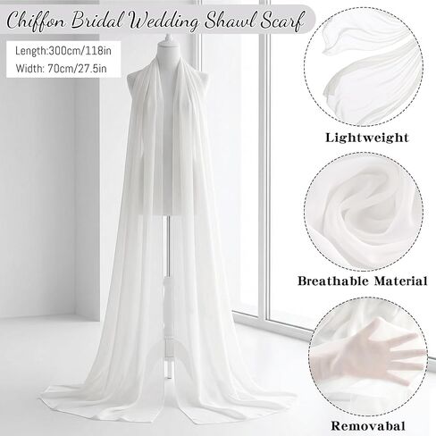 1Pcs Chiffon Bridal Neck Scarf for Wedding Long Scarf Wrap for Wedding Evening Ceremony Bridal Accessory in Kuwait