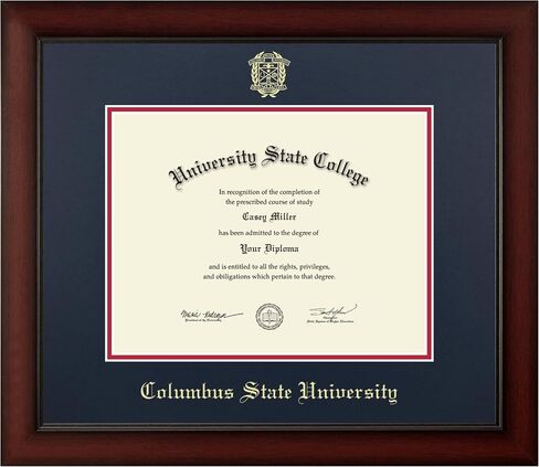 Columbus State University 11" w x 8.5" h Diploma Frame - Fits a bachelor's - Gold Embossed Diploma Frame - Cherry Moulding with Navy and Red Matting - Officially Licensed in Kuwait