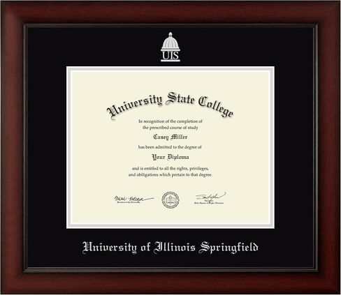 University of Illinois Springfield 11" w x 8.5" h Diploma Frame - Fits a bachelor's and master's - Silver Embossed Diploma Frame - Cherry Moulding with Black and Silver Matting in Kuwait